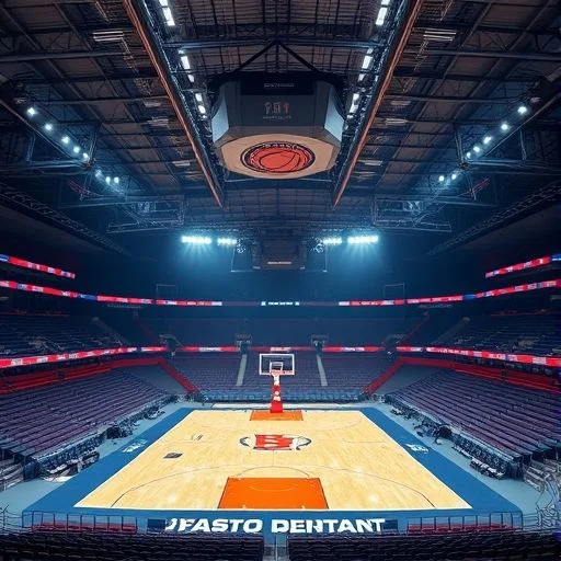 A breathtaking, wide-angle shot from a high vantage point inside a futuristic, colossal sports arena at dusk. The stadium is empty but dramatically lit by vibrant, glowing LED strips in electric blue and crimson, highlighting the sleek, metallic architecture and vast seating tiers. The central playing field is a shimmering, holographic surface. The scene should convey immense scale, advanced technology, and anticipation.